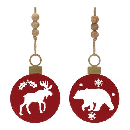 Front. BreeBe - Metal Cut Out Bear and Moose Ornament (Set of 12) - Red, Brown.