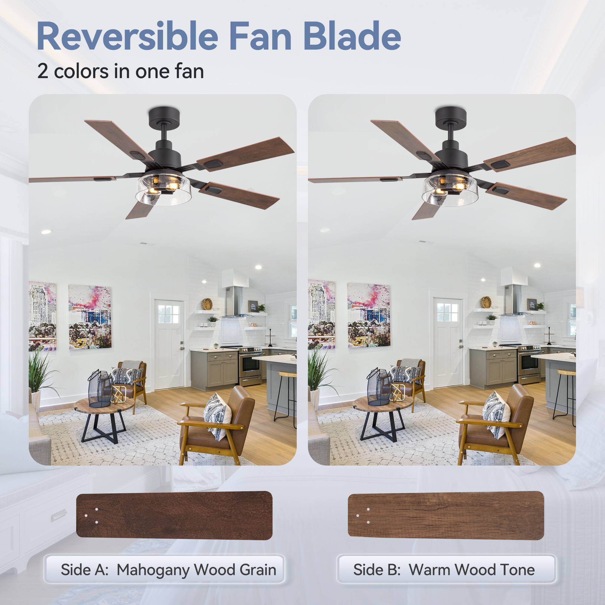 Reversible Fan Blade, 2 colors in one fan, Side A: Mahogany Wood Grain, Side B: Warm Wood Tone