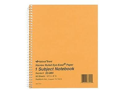National Brand
Narrow Ruled Eye-Ease® Paper
1 Subject Notebook
Reorder# 33-004
80 Sheets
8½" x 6½"
Reddorm Inc., Crockett, TX 75059