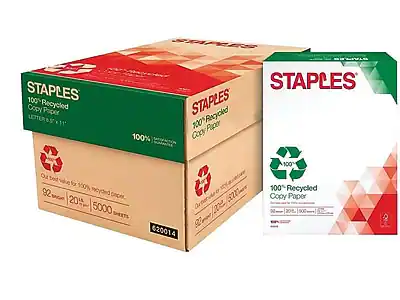 STAPLES
100% Recycled Copy Paper
LETTER 8.5" x 11"
92 gsm
20 lb
5000 Sheets
Our best value for 100% recycled paper.
100% Recycled
#20014
STAPLES
100% Recycled Copy Paper
LETTER 8.5" x 11"
92 gsm
20 lb
5000 Sheets
Our best value for 100% recycled paper.
100% Recycled