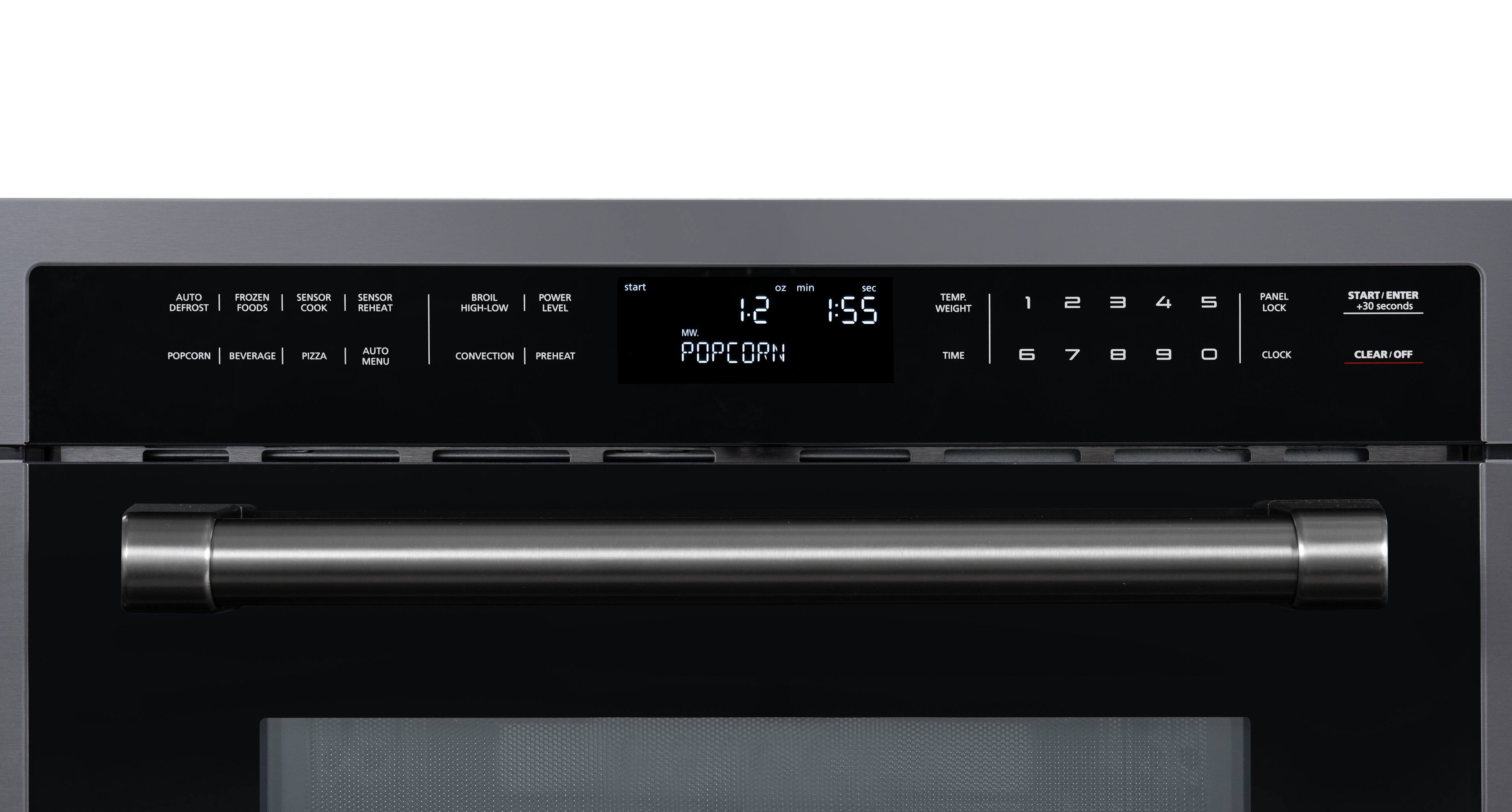 AUTO FROZEN SENSOR DEFROST | FOODS I COOK POPCORN | BEVERAGE PIZZA SENSOR | REHEAT AUTO I MENU BROIL POWER HIGH-LOW LEVEL CONVECTION PREHEAT start oz min sec 12 1:55 MW POPCORN TEMP. PANEL 12345 1  3 4 5 LOCK WEIGHT TIME 67890 6 7  9 0 CLOCK START ENTER +30 seconds CLEAR/OFF OFF