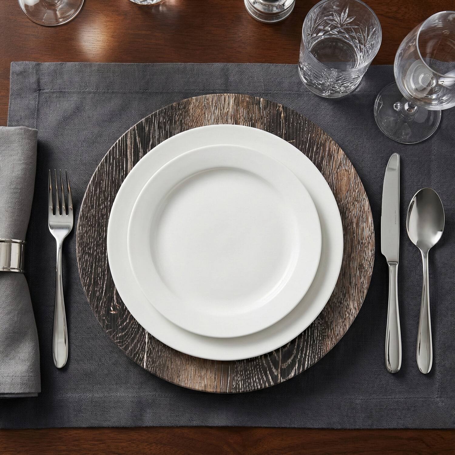 Left. American Atelier - Walnut Finish Charger Plates set of 12 - Brown.