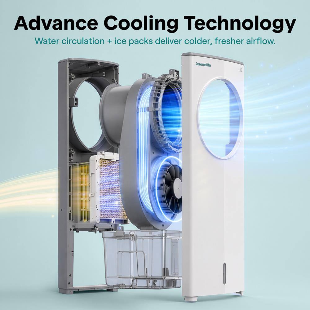 Advance Cooling Technology  
Water circulation + ice packs deliver colder, fresher airflow.  
SereneLife