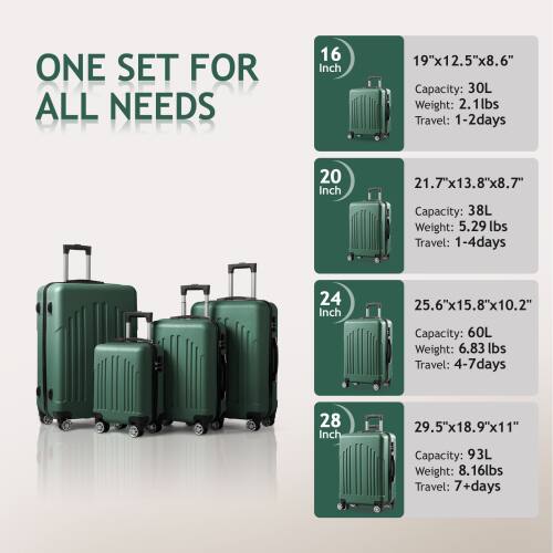 ONE SET FOR ALL NEEDS

16 Inch  
19"x12.5"x8.6"  
Capacity: 30L  
Weight: 2.1 lbs  
Travel: 1-2 days

20 Inch  
21.7"x13.8"x8.7"  
Capacity: 38L  
Weight: 5.29 lbs  
Travel: 1-4 days

24 Inch  
25.6"x15.8"x10.2"  
Capacity: 60L  
Weight: 6.83 lbs  
Travel: 4-7 days

28 Inch  
29.5"x18.9"x11"  
Capacity: 93L  
Weight: 8.16 lbs  
Travel: 7+ days