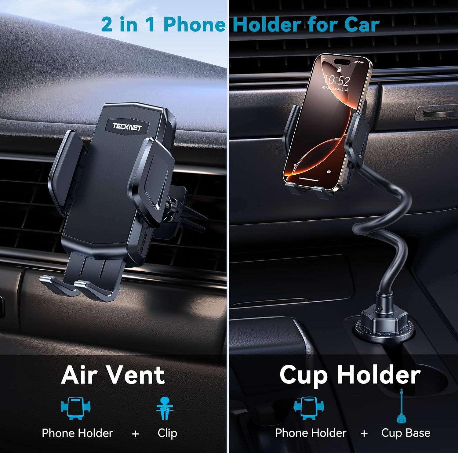 TECKNET Cup Phone Holder Mount for Car, Adjustable Gooseneck, Air Vent ...