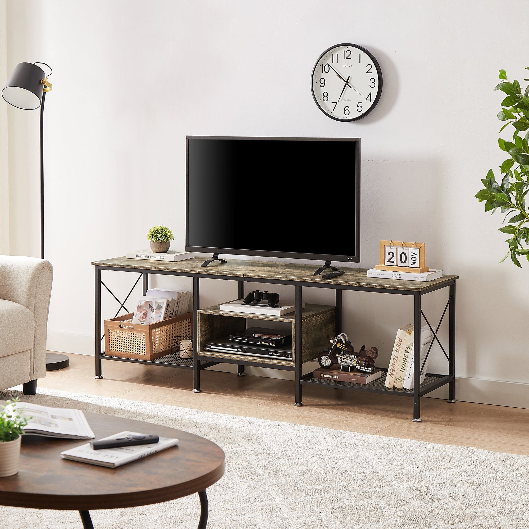 Vecelo - 63 Inch Industrial TV Stand with Heavy Duty Rust-Proof Frame, 160lb Capacity & Vintage Design for Living Room - Gray