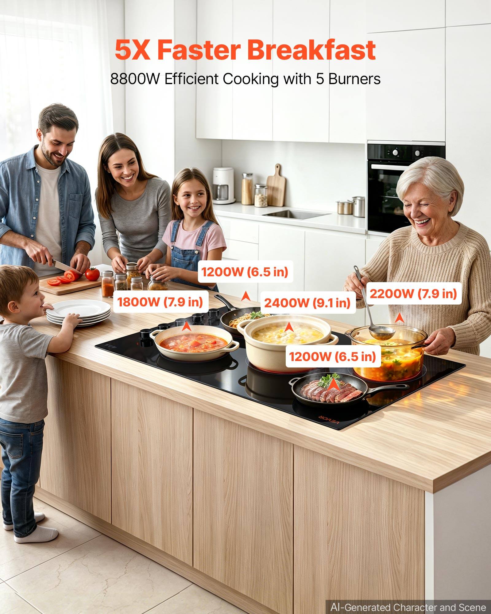 5X Faster Breakfast  
8800W Efficient Cooking with 5 Burners

1200W (6.5 in)  
1800W (7.9 in)  
2400W (9.1 in)  
2200W (7.9 in)  
1200W (6.5 in)

VEVOR

AI-Generated Character and Scene