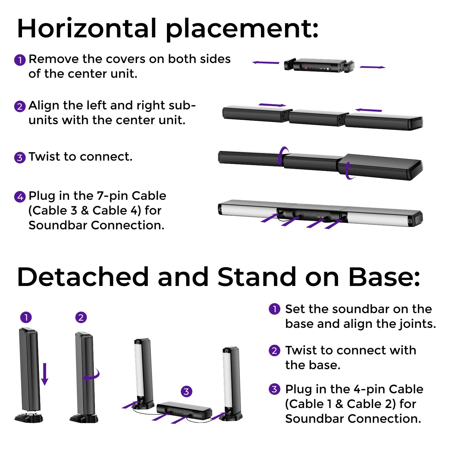 **Horizontal placement:**

1. Remove the covers on both sides of the center unit.
2. Align the left and right sub-units with the center unit.
3. Twist to connect.
4. Plug in the 7-pin Cable (Cable 3 & Cable 4) for Soundbar Connection.

**Detached and Stand on Base:**

1. Set the soundbar on the base and align the joints.
2. Twist to connect with the base.
3. Plug in the 4-pin Cable (Cable 1 & Cable 2) for Soundbar Connection.