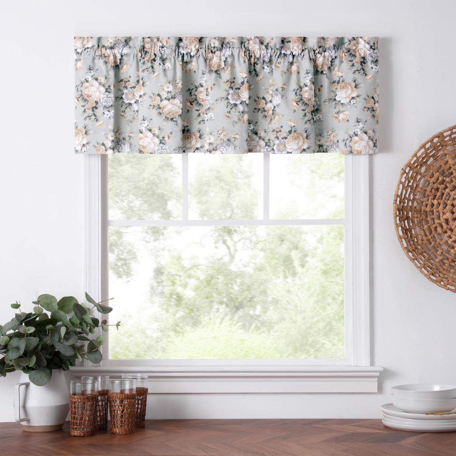 Angle. Ellis Curtain - Ellis Bella Rose Stylish Medium Scale Printed Floral Pattern 1.5" Rod Pocket Tailored Valance for Windows 58"x15" Mist - Mist.