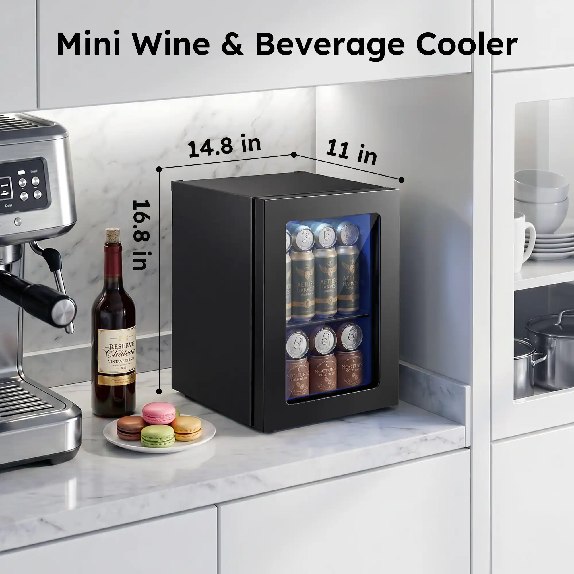 Mini Wine & Beverage Cooler  
- m 16.8 in 14.8 in 11 in  
- ACTH ATH AETI HABS JUNE - ME H RESERVE Chatrar VENTACE Ae 6 L SOCTO NOCTER CE NOCTUR S - - C
