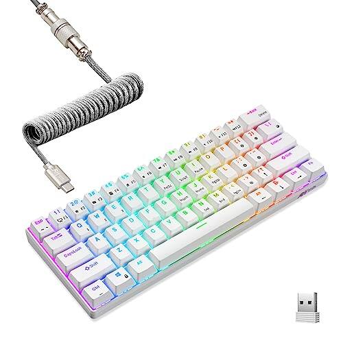 Earthley Blooms - Rk61 60 Mechanical With Coiled Cable 2.4ghzbluetoothwired Wireless Mini Rgb Hot Swappable Brown Gaming - White-Hot-Swappable Brown Switch