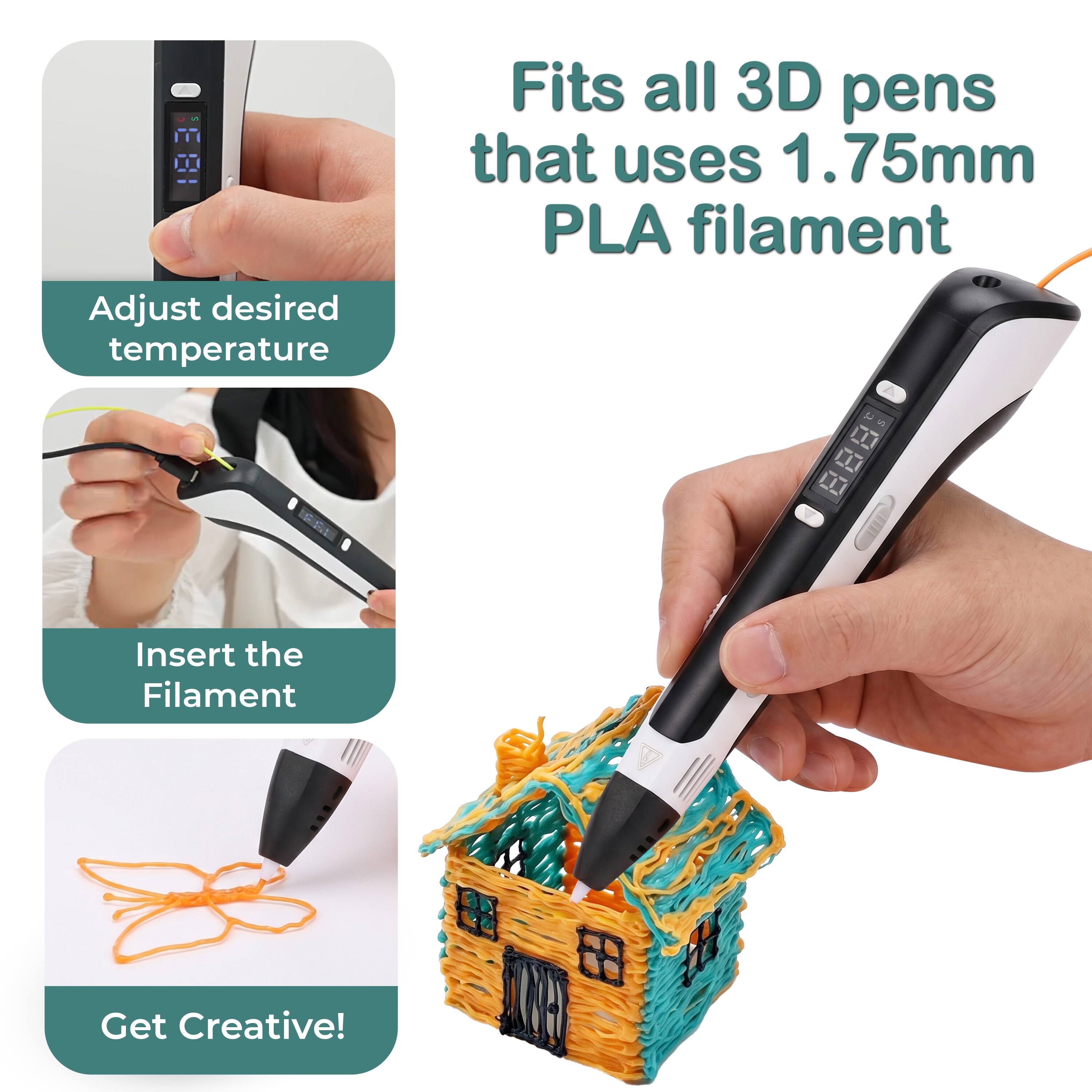 Adjust desired temperature  
Fits all 3D pens that use 1.75mm PLA filament  
Insert the Filament  
Get Creative!