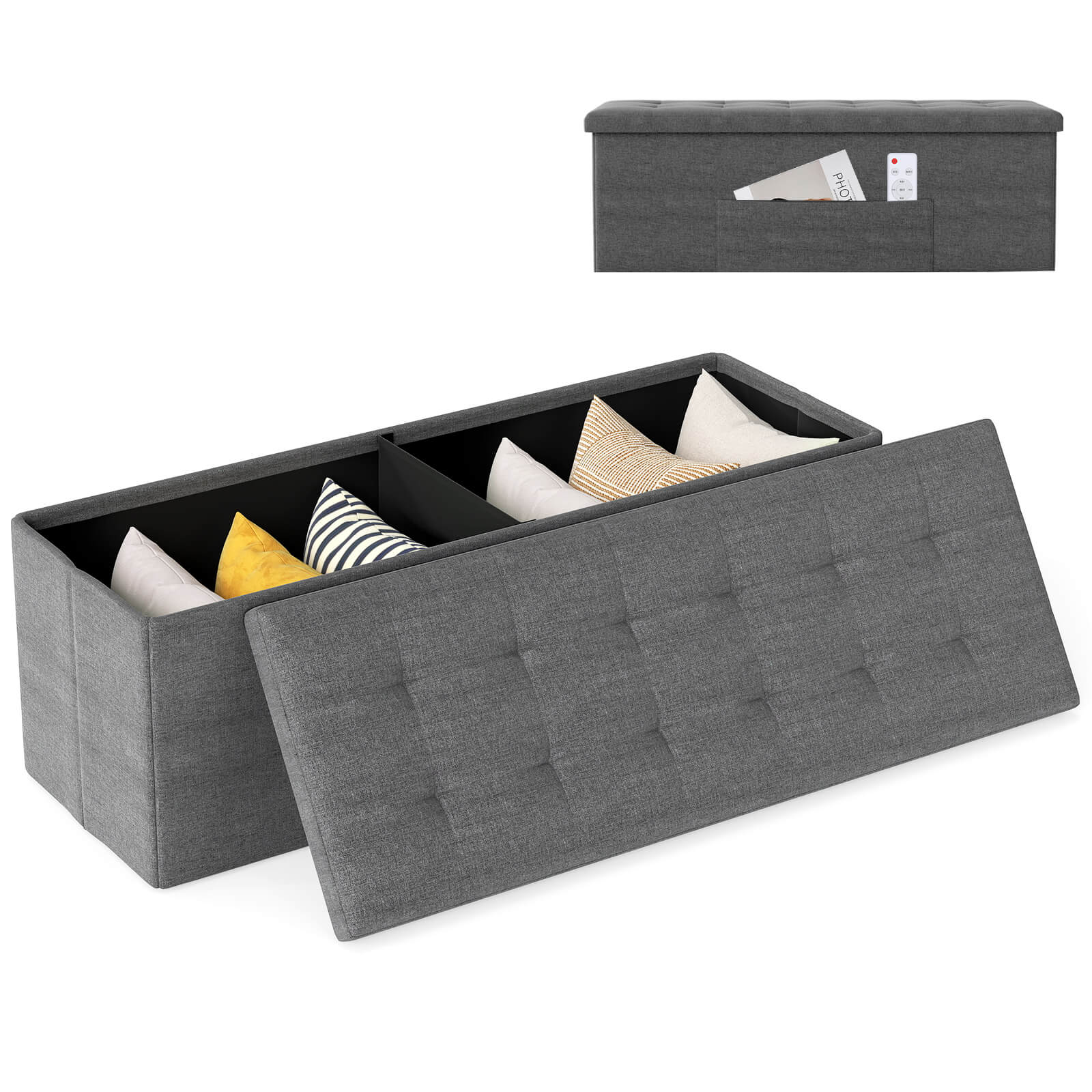 Alt View 9. Costway - Costway Fabric Folding Storage Ottoman Storage Chest W/Divider Bed End Bench - Dark Gray.