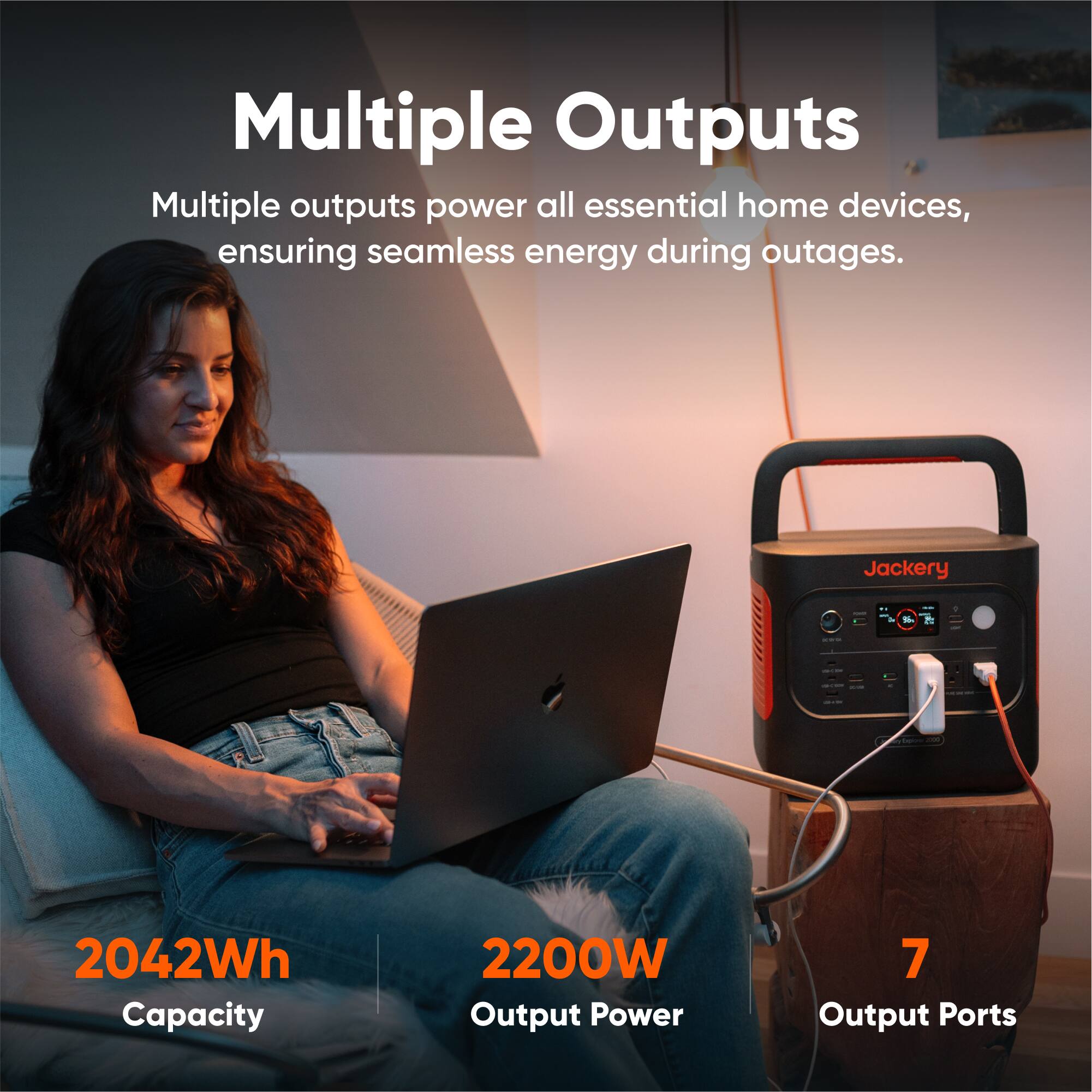Multiple Outputs: Multiple outputs power all essential home devices, ensuring seamless energy during outages. Jackery 2042Wh Capacity 2200W Output Power 7 Output Ports.