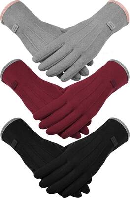 Cozy Serene - Womens Winter Gloves, Thermal Touch Screen Texting Windproof Gloves for Cold Weather with Fleece - Grey&black&red