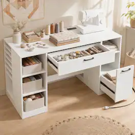 Costway - 53" Sewing Table with Power Outlets 2 Drawers Open Compartments 5 Removable Shelves - White
