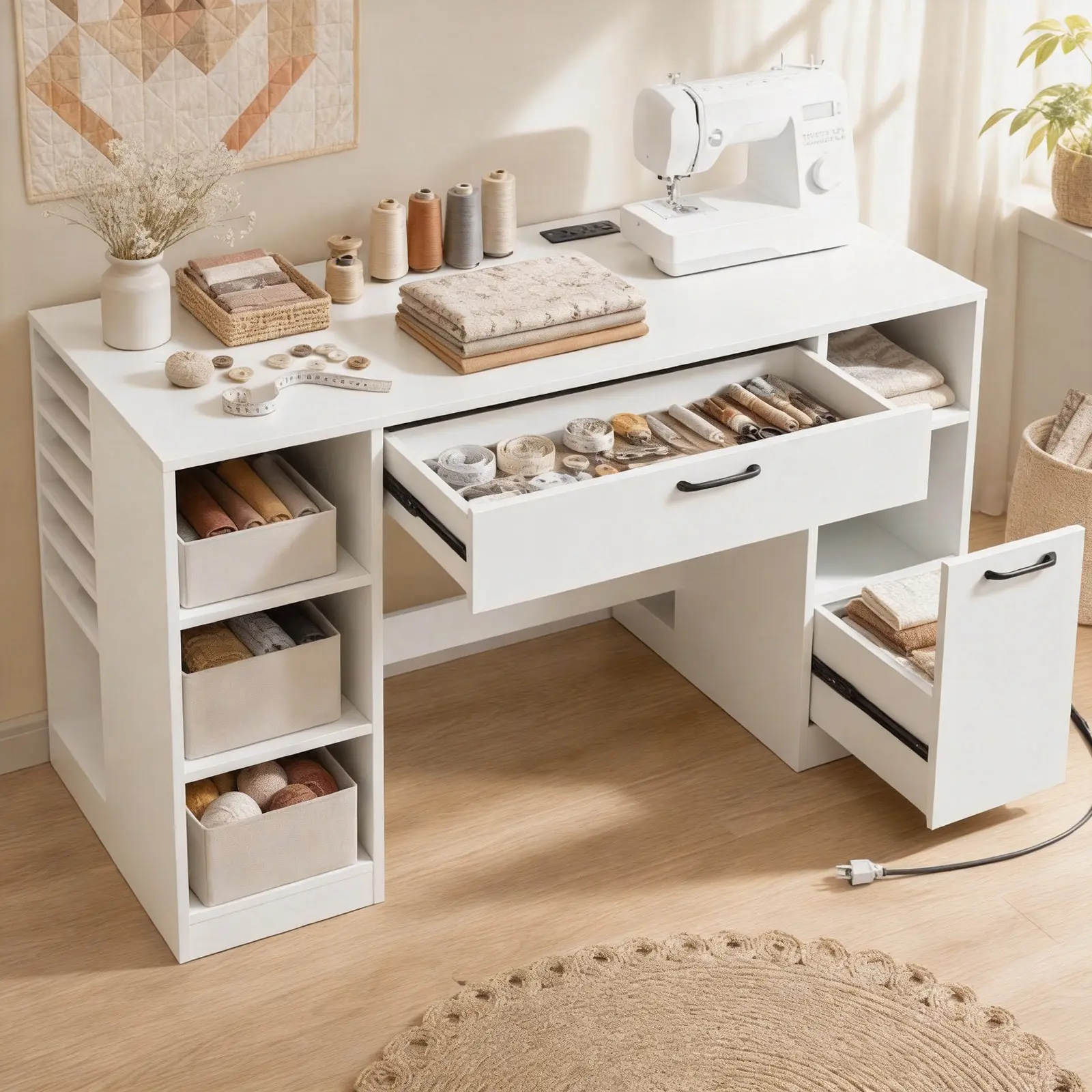 Costway - 53" Sewing Table with Power Outlets 2 Drawers Open Compartments 5 Removable Shelves - White