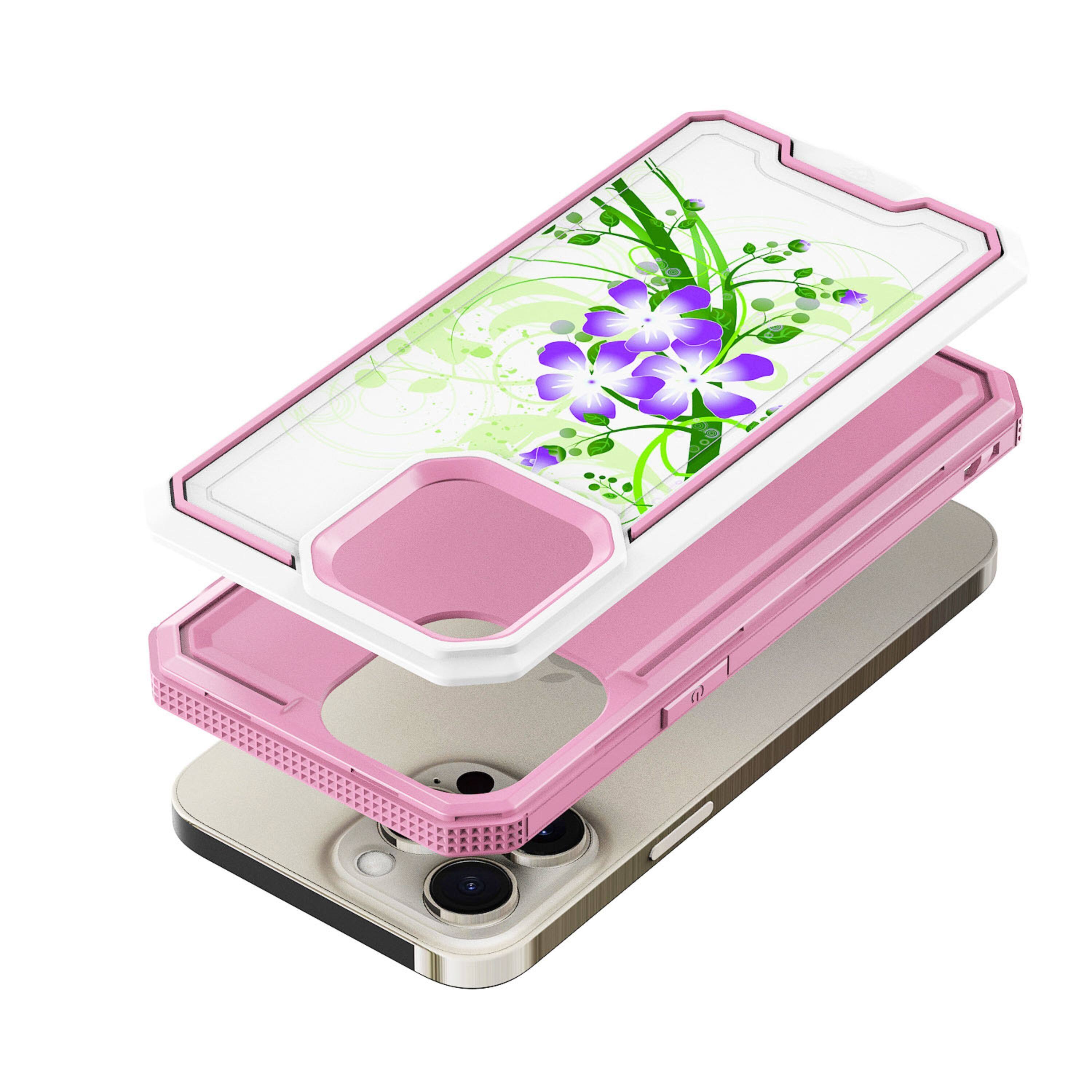 Left. Kitcheniva - Printed Fused Hybrid Case With 2 Pcs Tempered Glass For iPhone 15 Pro Green Floral - Multicolor.