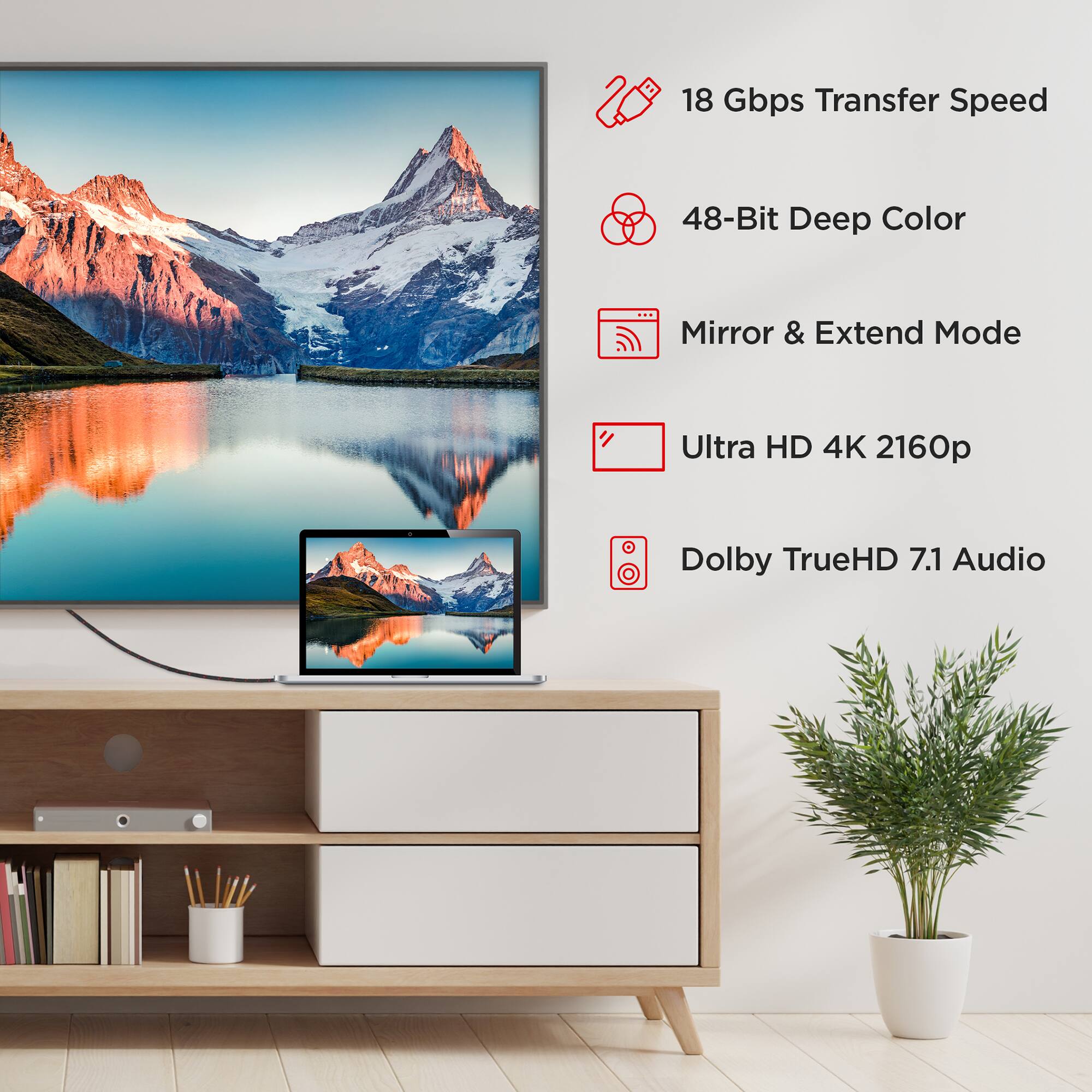 18 Gbps Transfer Speed, 48-Bit Deep Color, Mirror & Extend Mode, Ultra HD 4K 2160p, Dolby TrueHD 7.1 Audio
