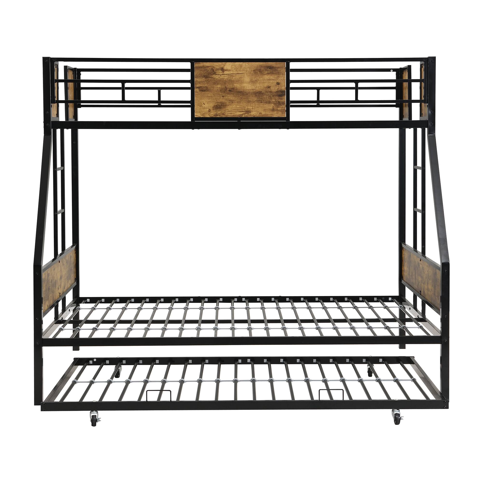 Alt View 2. Trinkets Crazed - Twin Over Full Metal Bunk Bed with Trundle, 2 Ladders and Full-Length Guardrail, No Box Spring Needed - Black.