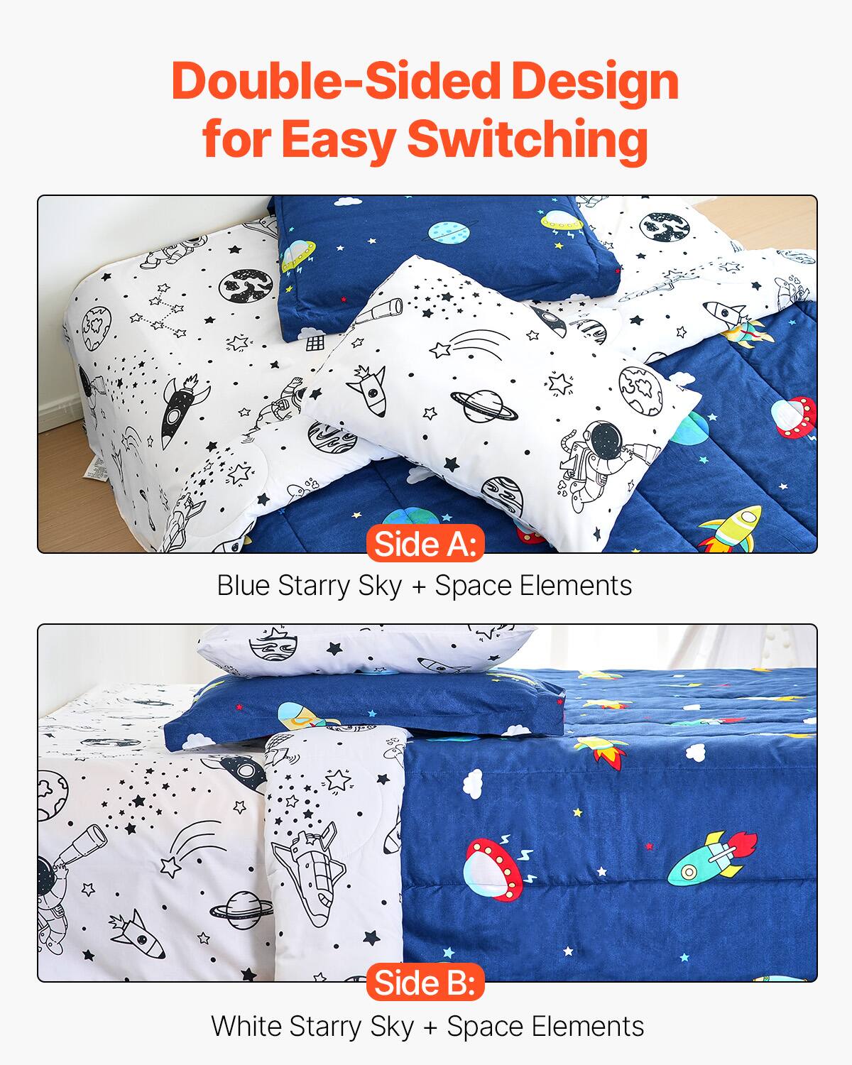 Double-Sided Design for Easy Switching

Side A: Blue Starry Sky + Space Elements

Side B: White Starry Sky + Space Elements