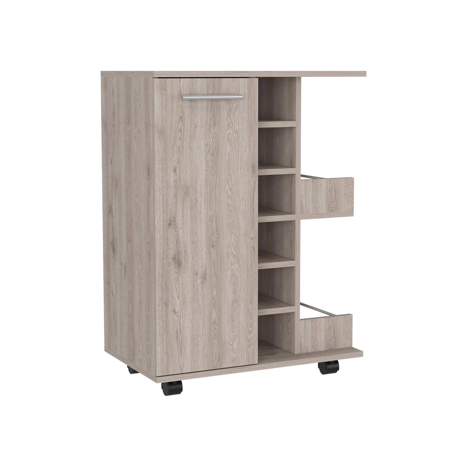 Back. TuHome - Tuhome Rolling Bar Cart with Wheels, 23.6" Open Top Counter, 6 Wine Bottle Cubbies, 1-Door Cabinet & - Gray.
