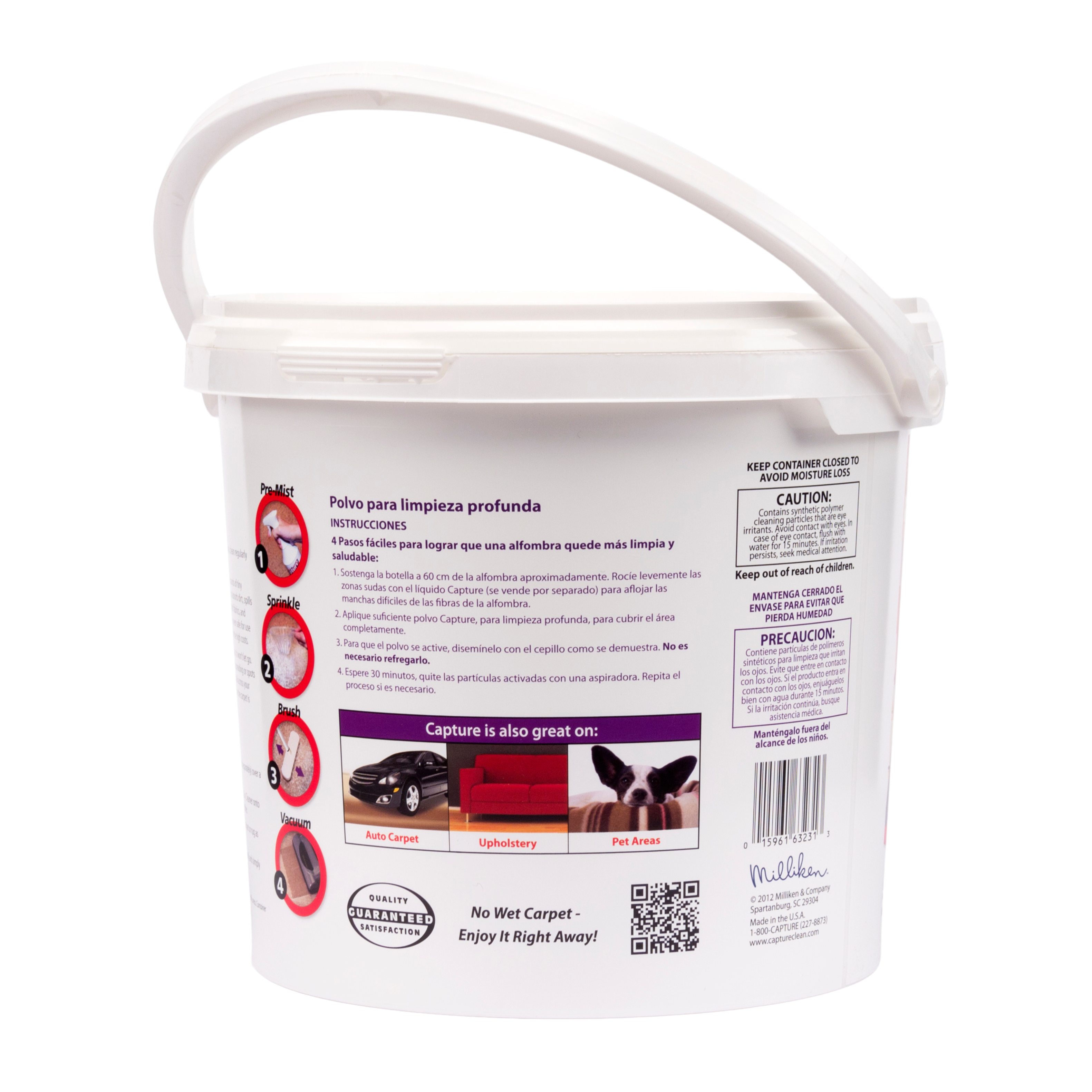 **Polo para limpieza profunda**

**INSTRUCCIONES**

4 Pasos fáciles para lograr que una alfombra quede más limpia que una saludable:

1. Sostenga la botella a 60 cm de la alfombra aproximadamente.
2. Rocíe ligeramente las manchas sudadas con líquido Capture (se vea por separado) para aflojar las manchas difíciles de las fibras de la alfombra.
3. Aplique suficiente polvo Capture para limpieza profunda, para cubrir la área completamente. No es necesario dispersarlo. Con cepillo como necesario, refregue.
4. Espere 30 minutos, quite las partículas activadas con una aspiradora. Repita el proceso si es necesario.

**Capture is also great on:**

- Auto Carpet
- Upholstery
- Pet Areas

**No Wet Carpet - Enjoy It Right Away!**

**QUALITY GUARANTEED SATISFACTION**

**KEEP CONTAINER CLOSED TO AVOID MOISTURE LOSS**

**CAUTION:**

Contains cleaning particles that are not harmful if ingested, but may cause of the contact with