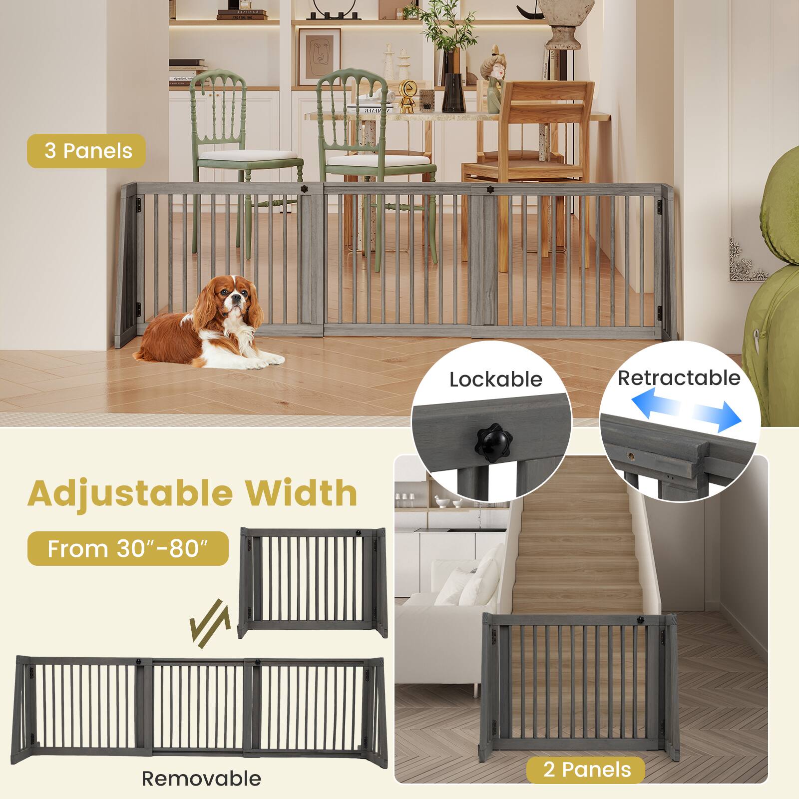 MEULE

3 Panels
Lockable
Retractable
Adjustable Width From 30"-80"
Removable
2 Panels