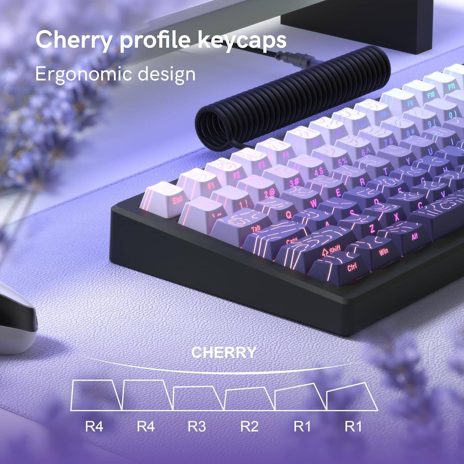 Cherry profile keycaps  
Ergonomic design  

FI F1O F9 FO 0.) 9 8 7.8 I / FA 6 U F3 5% Y 4$ A T H. / F2 3# R G F1 2@ 2 E  E V Esc 1! ! W Q  ~ Q  < X Tab Z Cane Alt Shift Win Ctrl  

CHERRY  
R4 R4 R3 R2 R1 R1