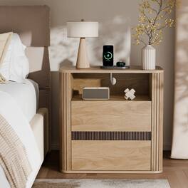 Furnulem - 2 Drawer Fluted Nightstand with Built in Power Outlet Wood Side End Table for Bedroom - Yellow