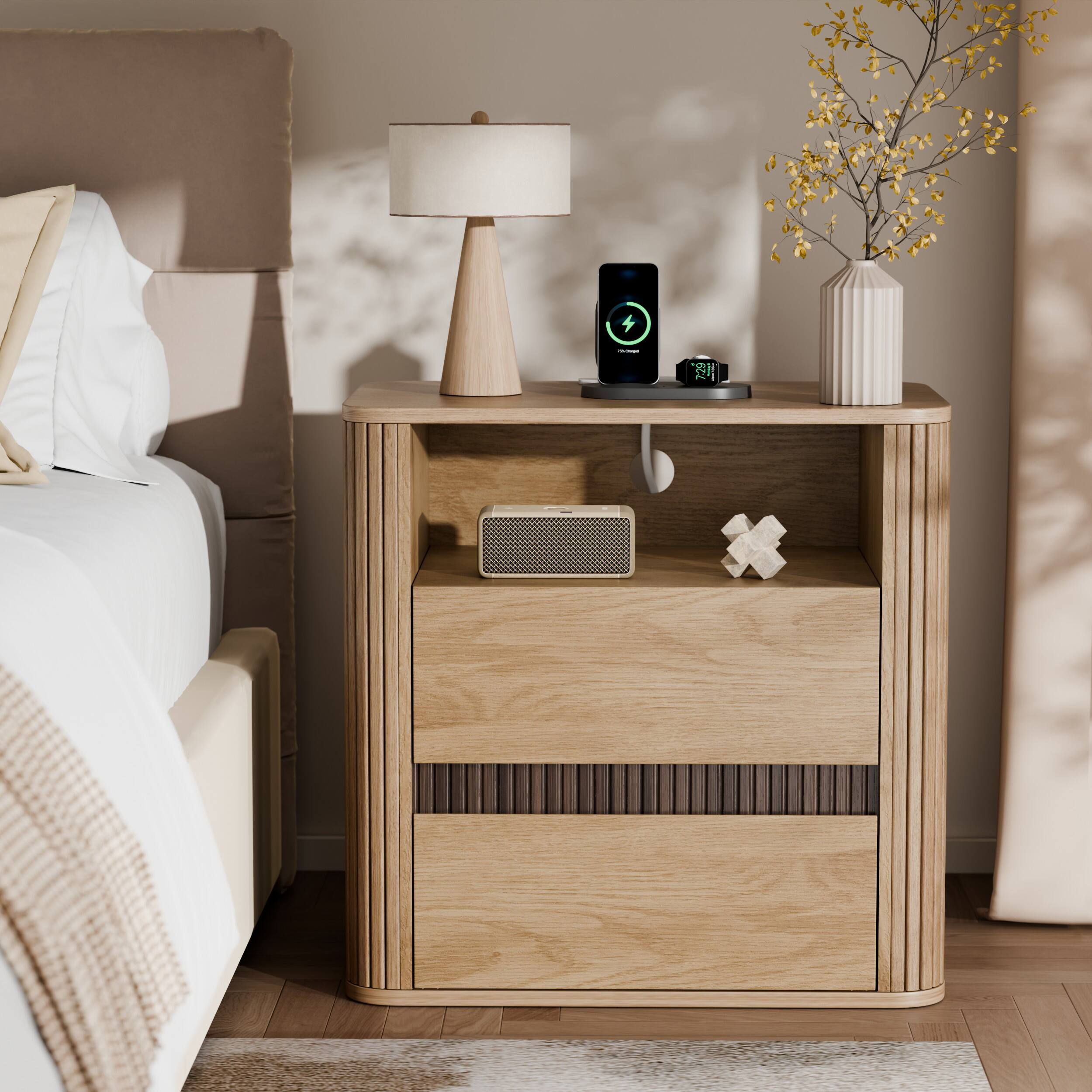 Furnulem - 2 Drawer Fluted Nightstand with Built in Power Outlet Wood Side End Table for Bedroom - Yellow