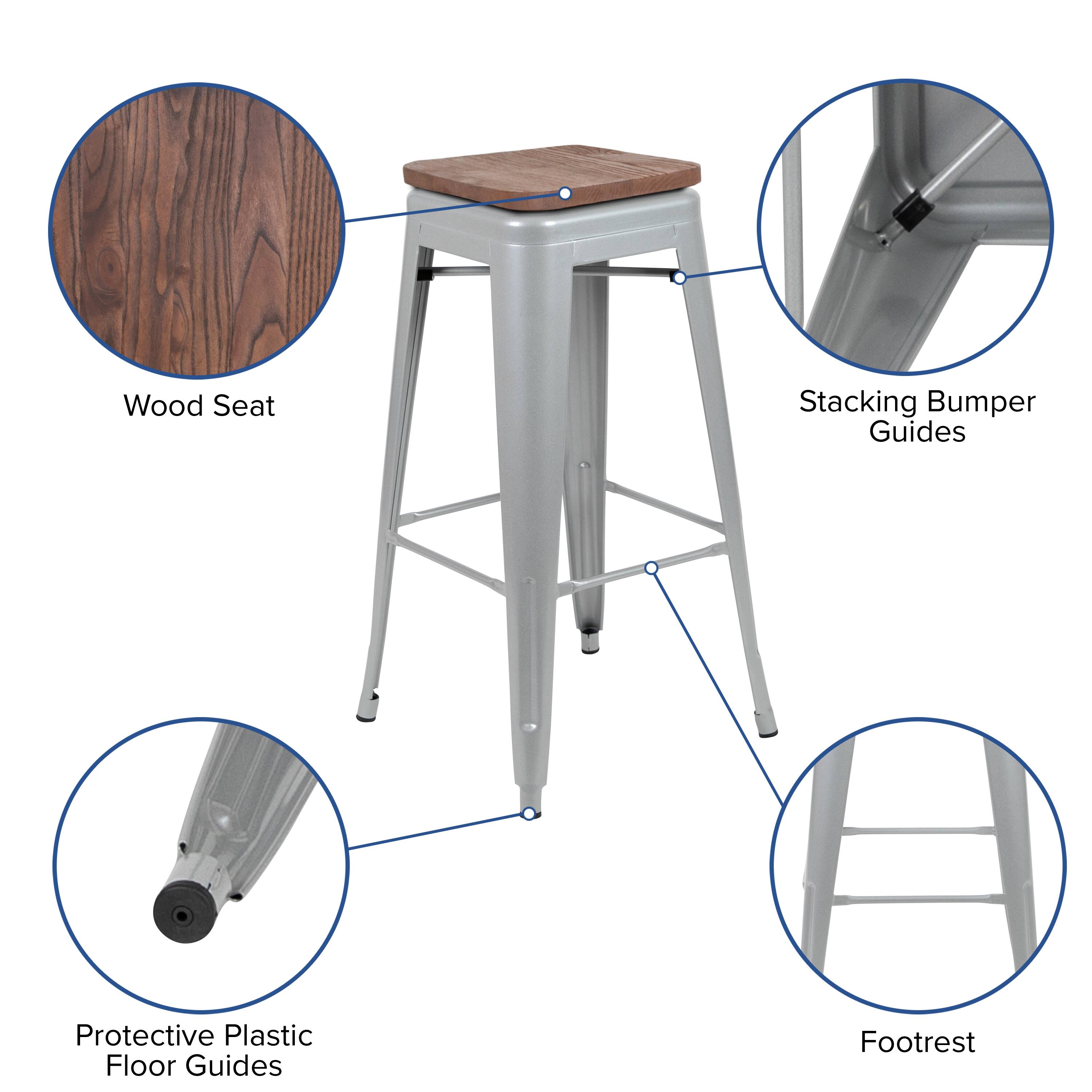 Alt View 12. Alamont Home - 30" High Metal Indoor Bar Stool with Wood Seat - Stackable Set of 4 - Silver.