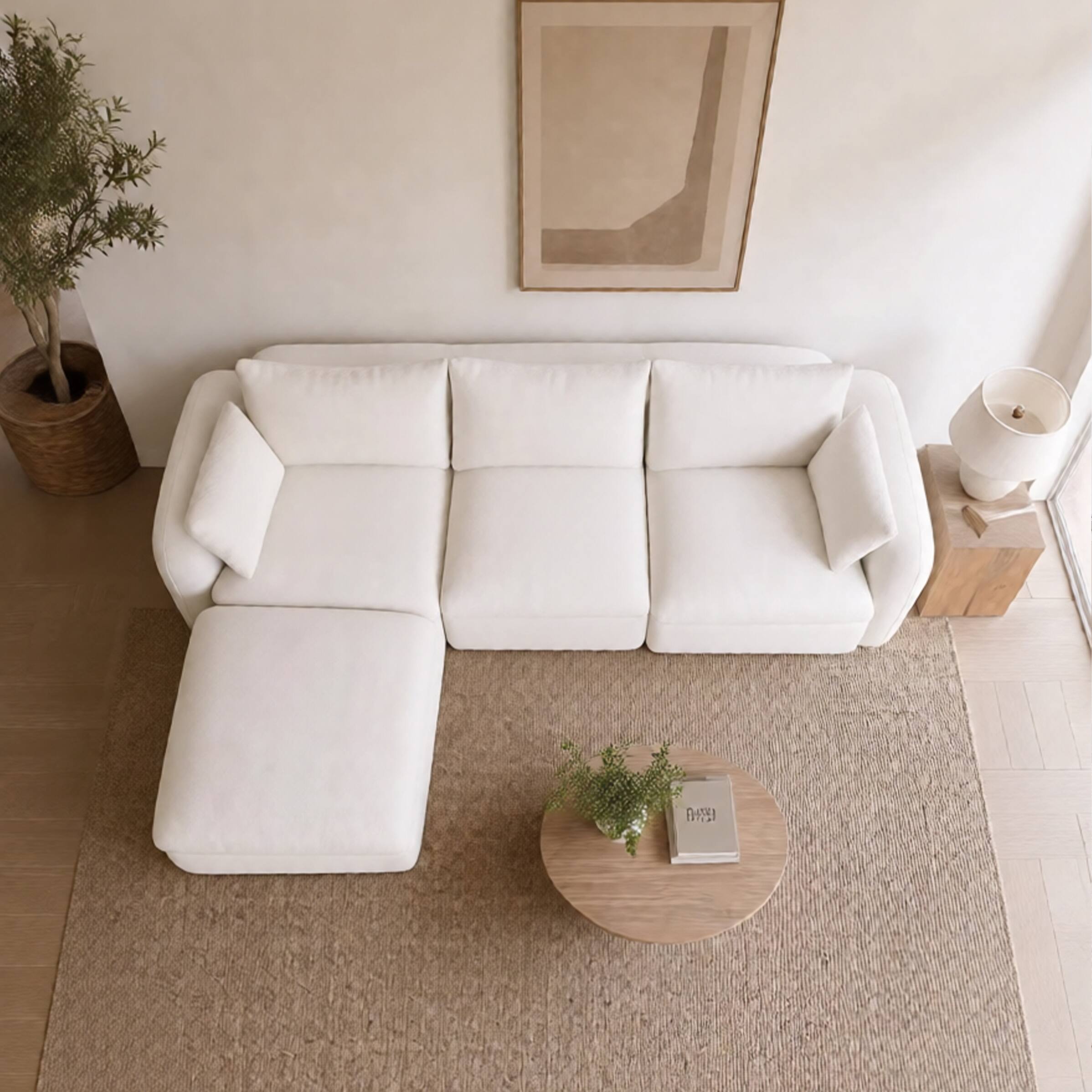 Angle. Anysun - Fully Sponge Compressed Sectional Sofa – High Resilience Foam Couch in White Chenille Fabric, Modular L-Shaped Sofa - Milk White.