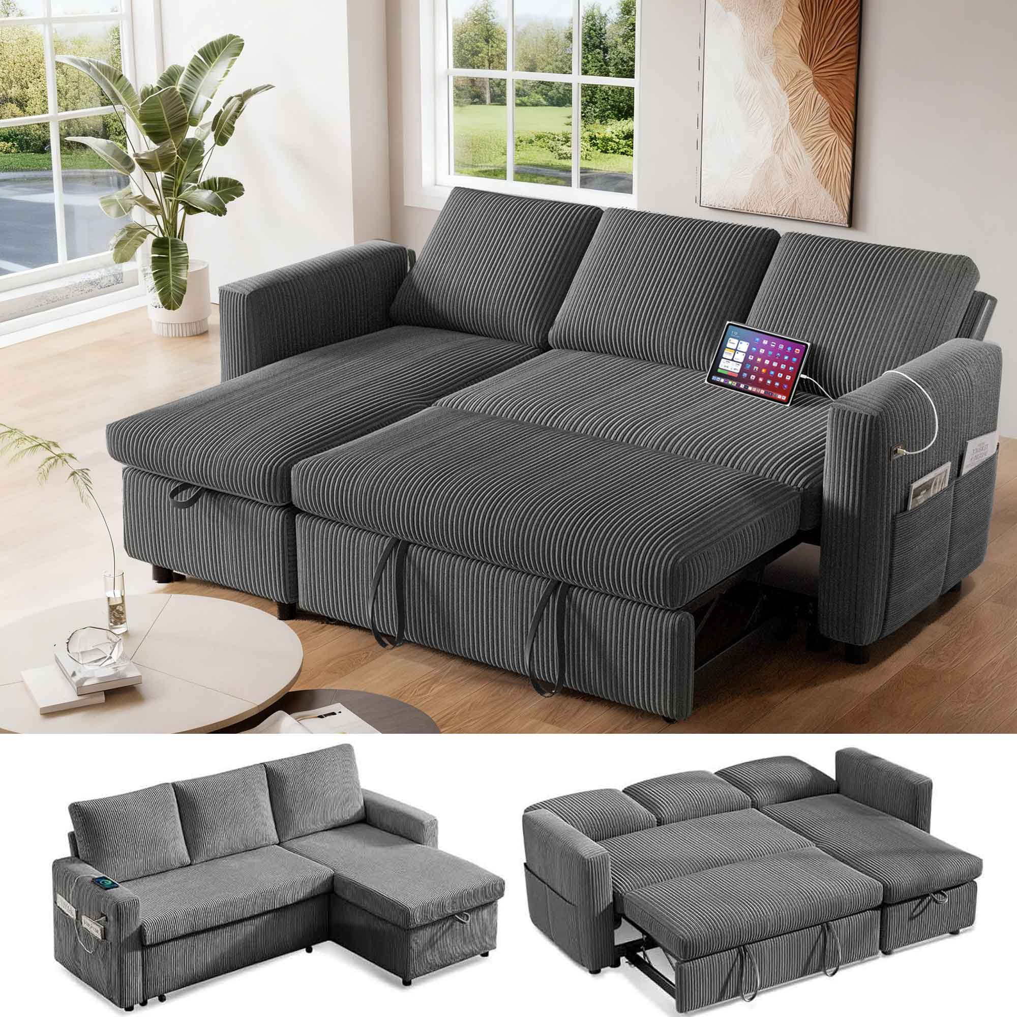 Vipbear - 81" Sleeper Sofa Bed with Pull Out Bed L Shaped Sectional Sleeper Sofa, Tool-Free Assembly,Corduroy Dark Gray - Gray