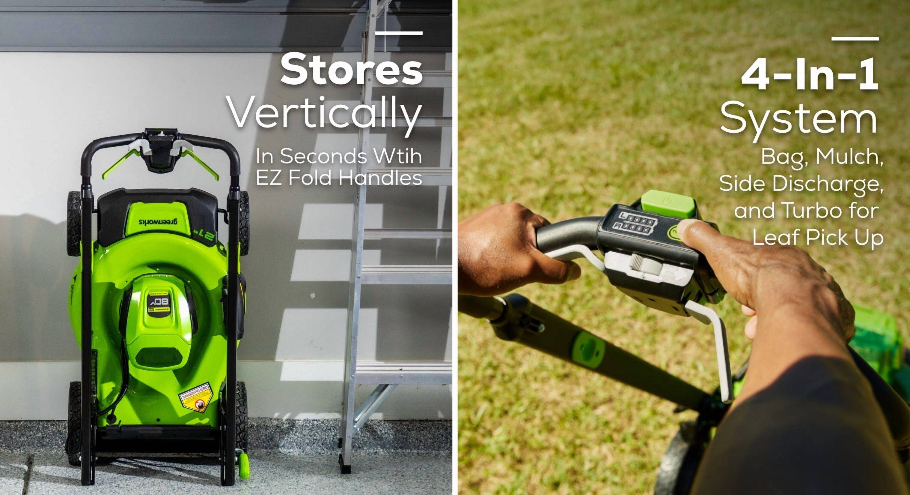 Stores Vertically In Seconds With EZ Fold Handles

4-In-1 System
Bag, Mulch, Side Discharge, and Turbo for Leaf Pick Up