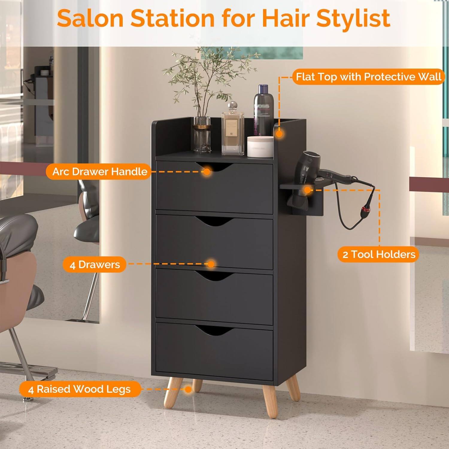 Salon Station for Hair Stylist  
- Flat Top with Protective Wall  
- Arc Drawer Handle  
- 4 Drawers  
- 2 Tool Holders  
- 4 Raised Wood Legs