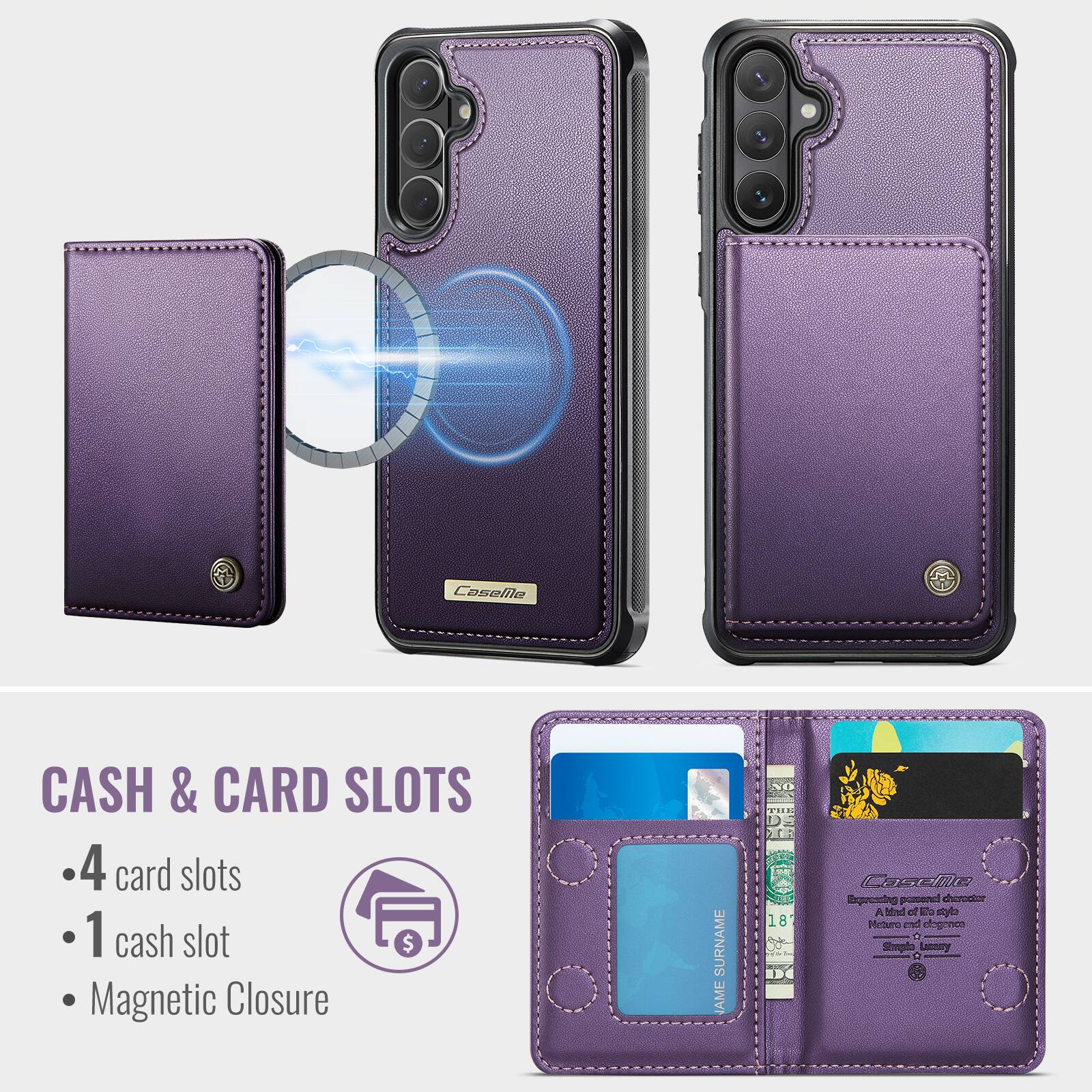 Caselle CASH & CARD SLOTS  
4 card slots  
1 cash slot  
Magnetic Closure  

SURNAME NAME  

Expending personal organizer  
A blend of two styles  
Mixture of elegance and functionality  
Simple & Luxury