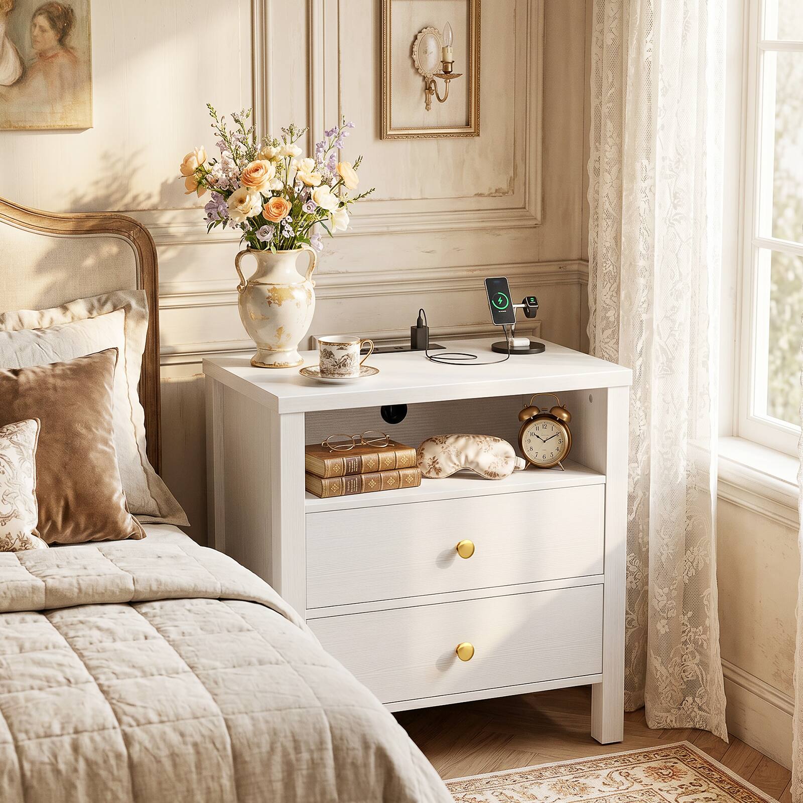 Angle. Aheaplus - Nightstands with Charging Station Set of 2, 23.6'' Wooden Bedside Table with 2 Drawers for Bedroom - White.