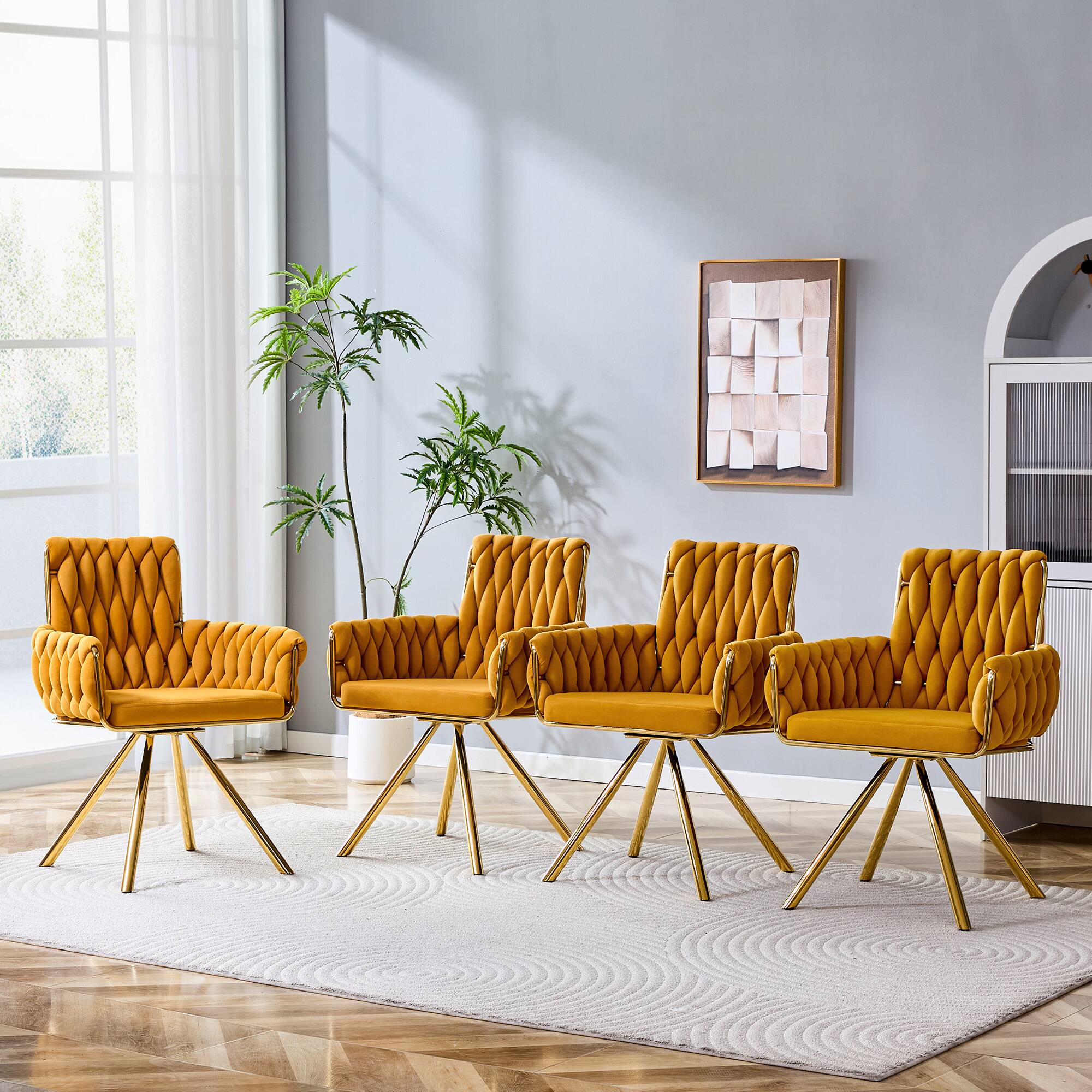 Back. Loheer - Loheer Velvet Dining Chairs Set of 2, Yellow Braided Upholstered Armchairs with Gold Legs, 2.08 ft, Dining Room - Gold,Yellow.