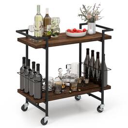 Gymax - Home Bar Cart 2-tier Home Bar Cart w/ Lockable Wheels & Anti-fall Guardrail - Rustic Brown
