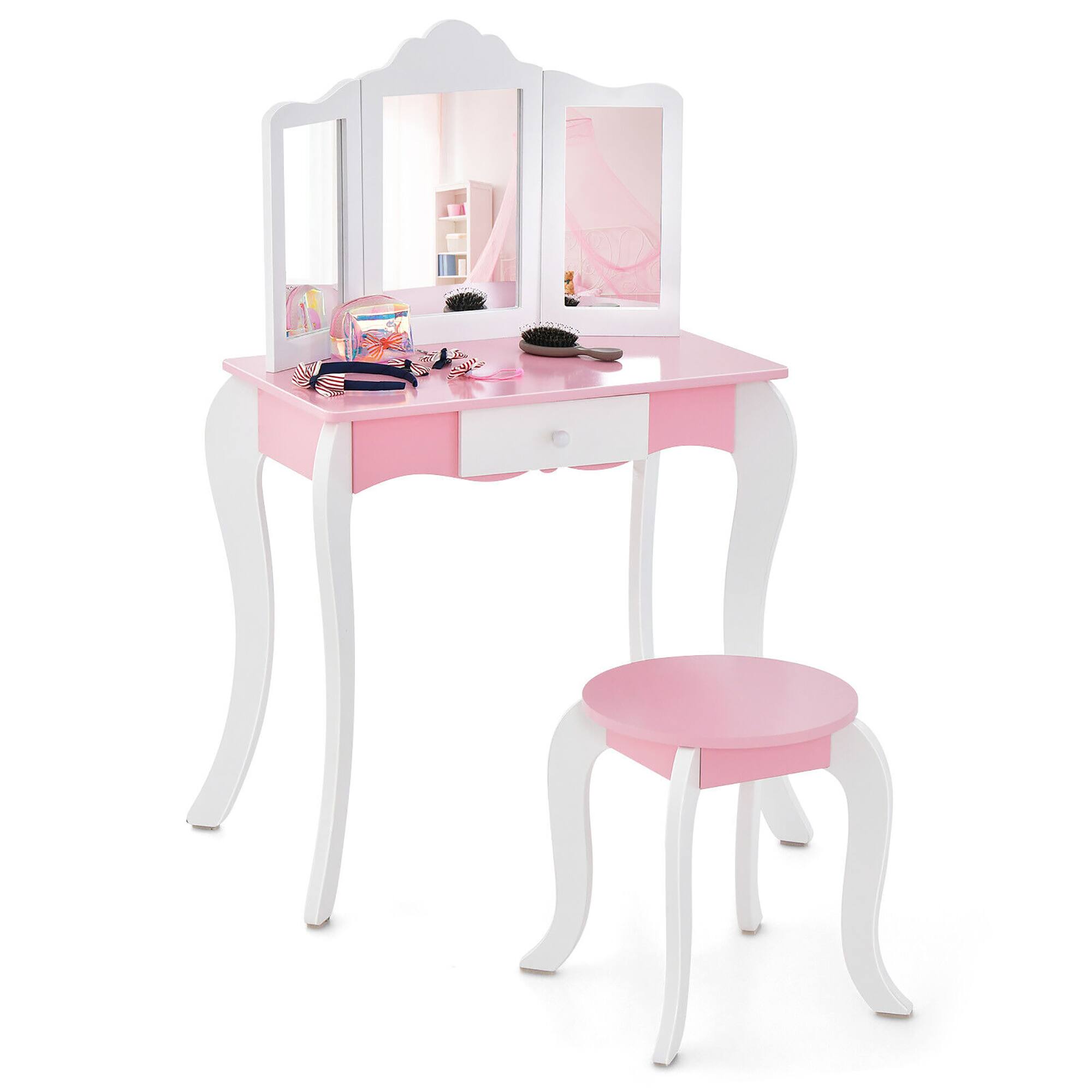 Alt View 7. Gymax - Gymax Kid Vanity Table and Chair Detachable Tri-Folding Mirror Pretend Play Makeup Set - Pink, White.