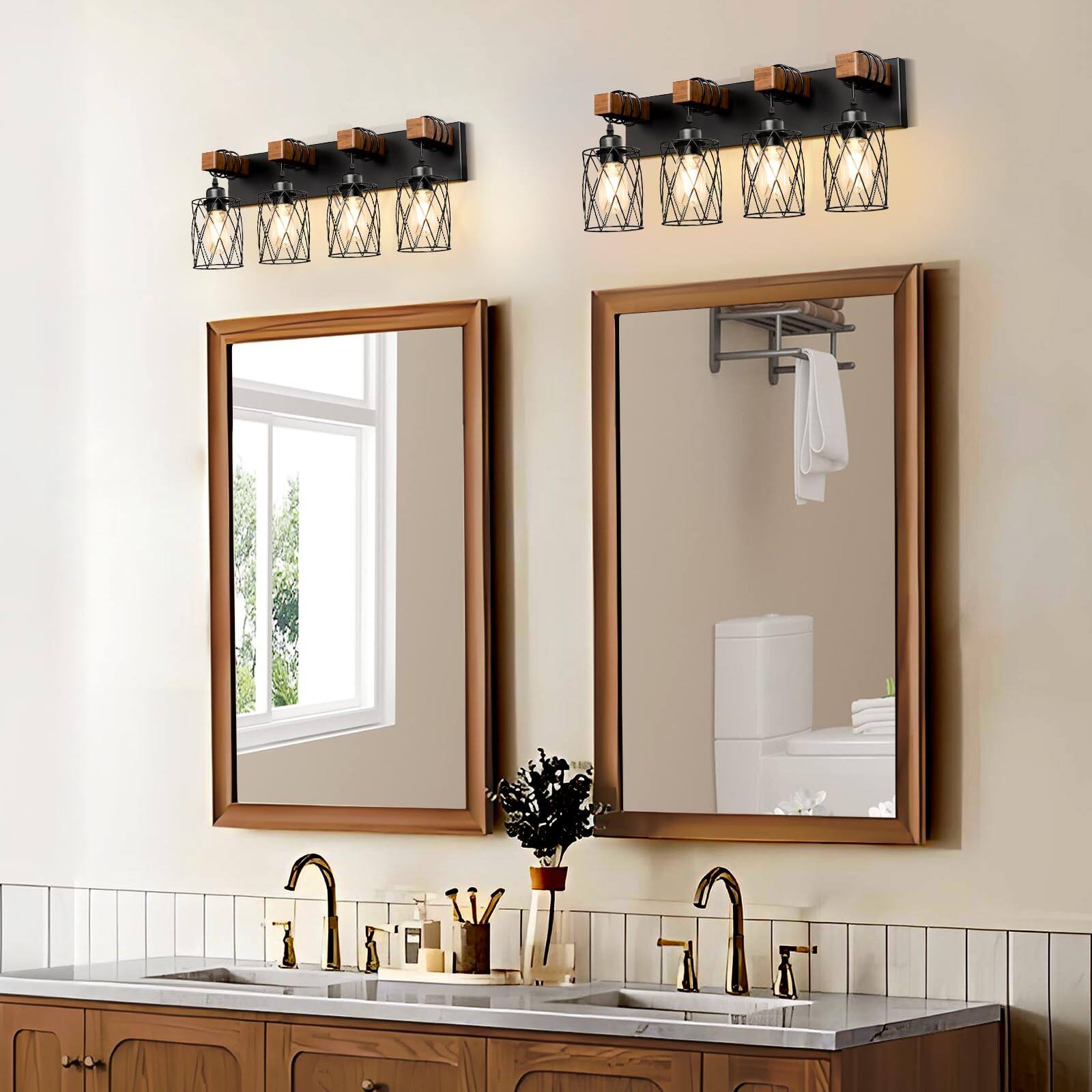 Alt View 4. Cedar Assembly - Farmhouse Bathroom Vanity Light Wood Fixtures Over Mirror Industrial Lights With Metal Shade Rustic Restroo - Black 4 - Light.
