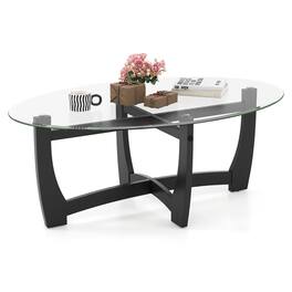 Pefilos - Oval Coffee Table with Tempered Glass Tabletop and Rubber Solid Wood Legs, Coffee Table - Black