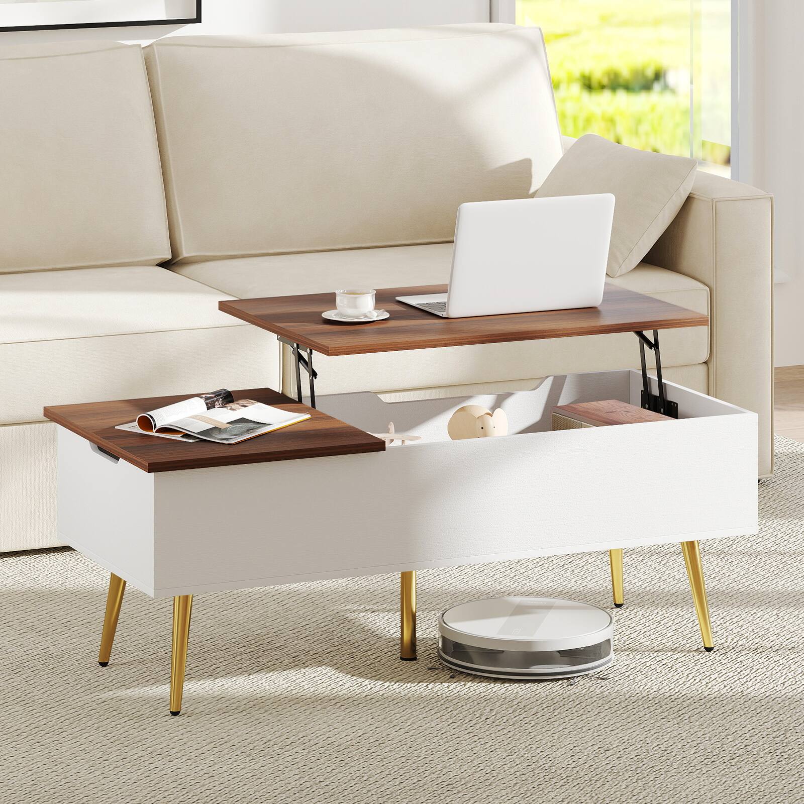 Alt View 1. Costway - Costway Lift Top Coffee Table w/ Storage Multi-Functional Home Center Accent Table for Living Room - Walnut,White,Gold.