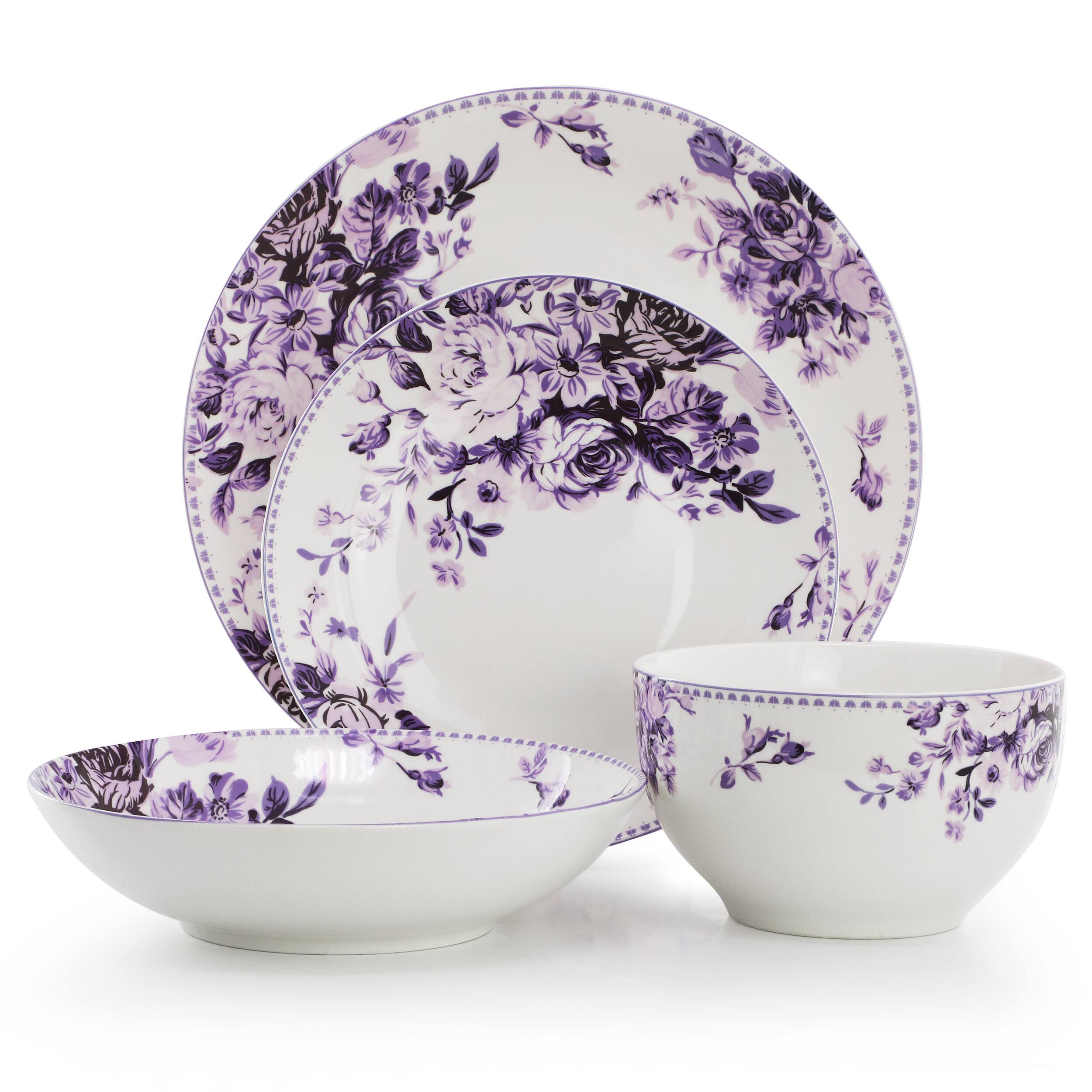 Angle. Elama - Elama Traditional Purple Rose 24 Piece Porcelain Double Bowl Dinnerware Set - Purple.