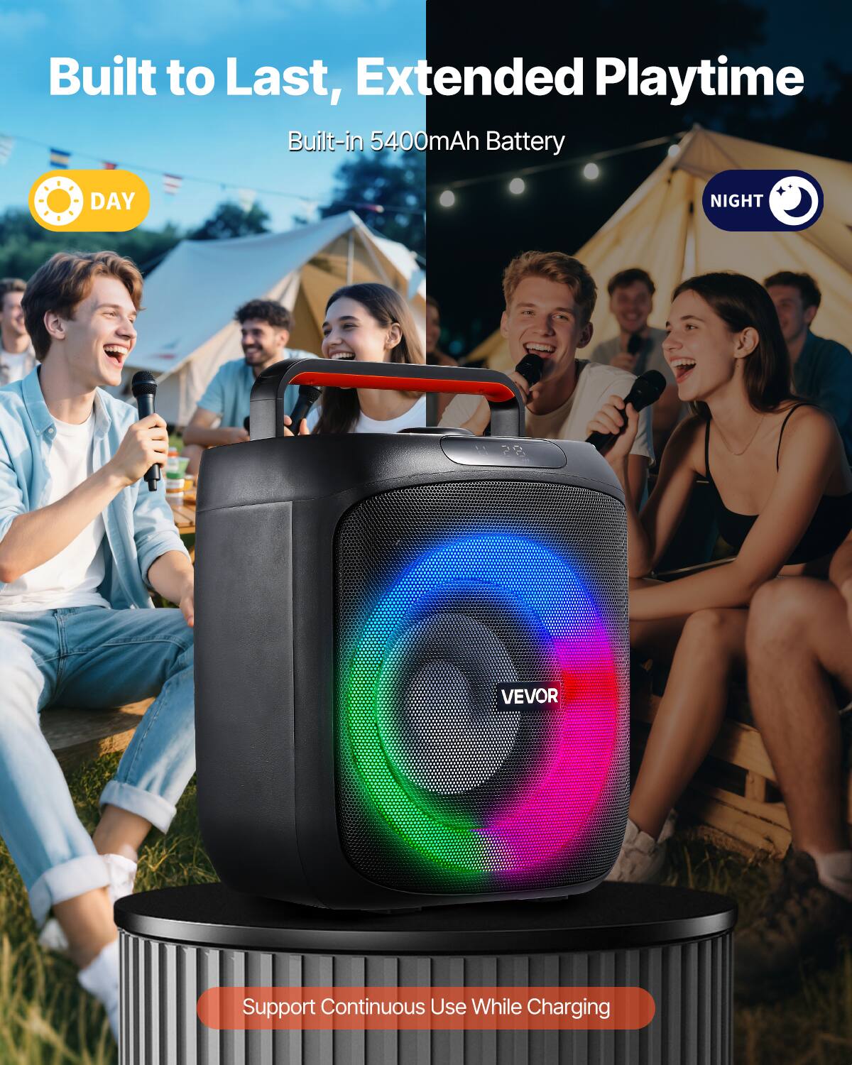 Built to Last, Extended Playtime  
Built-in 5400mAh Battery  

DAY  
NIGHT  

VEVOR Support Continuous Use While Charging