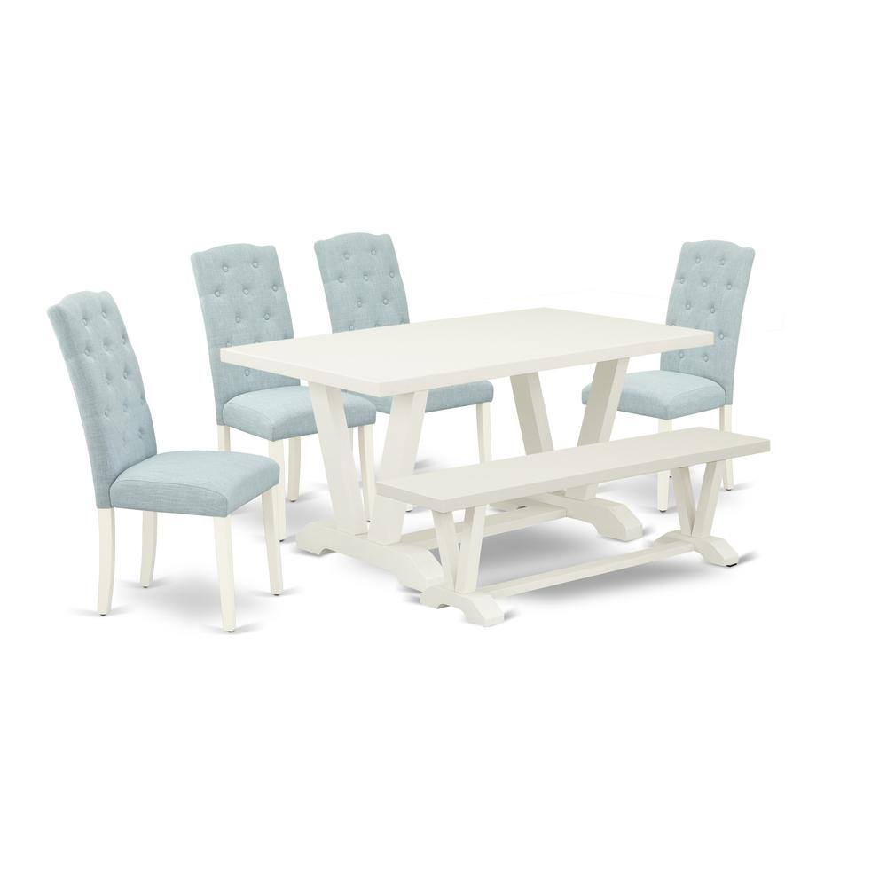 Left. East West Furniture - East West Furniture 6-Pc Dining Room Set- 4 Padded Parson Chairs with Baby Blue Linen Fabric Seat and Button Tufted - Multi-Color.