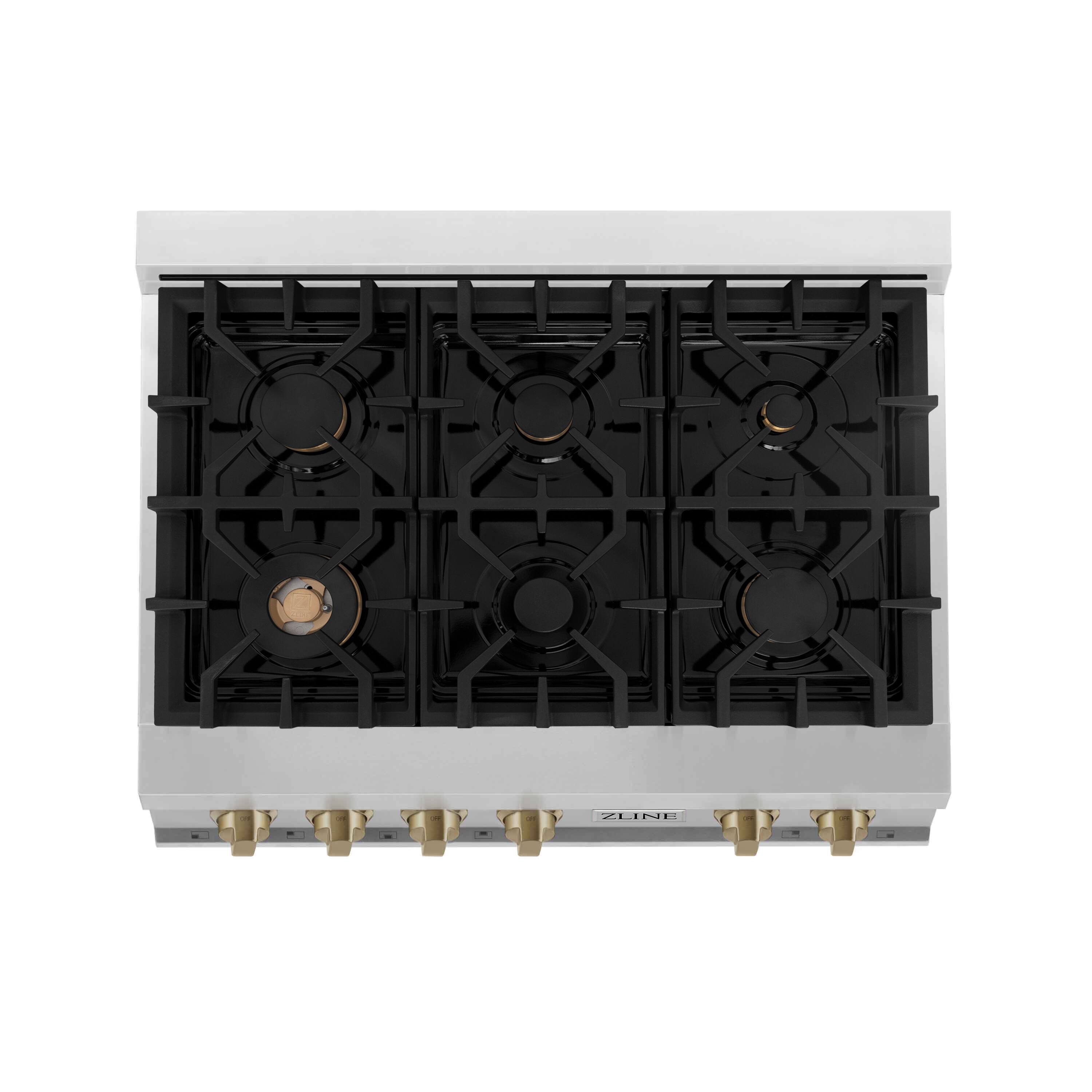 Left. ZLINE - ZLINE Autograph 36 in. Slide-In Classic Rangetop w/ 6 Burners in Stainless Steel & Champagne Bronze Accents - Stainless Steel.