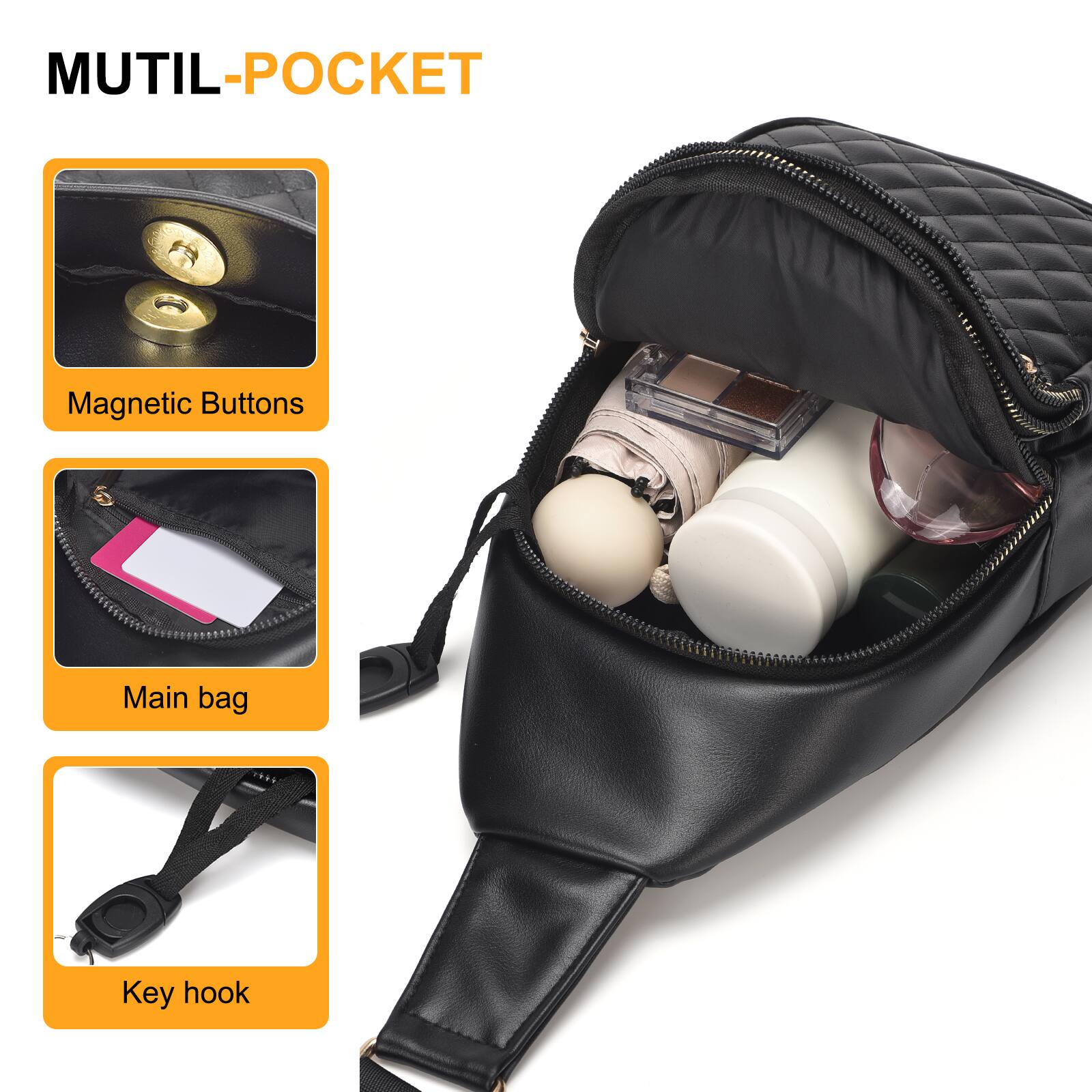 MUTIL-POCKET

- Magnetic Buttons
- Main bag
- Key hook