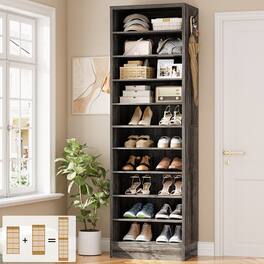 Aheaplus - 79.5'' Tall 10-Tier Freestanding Wooden Shoe Rack Tower with 2 Hooks - Black Oak
